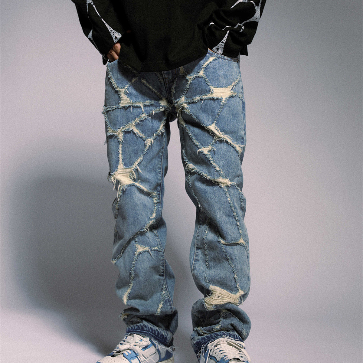 MAVIRA — Men's Distressed Spider Web Straight-Leg Jeans