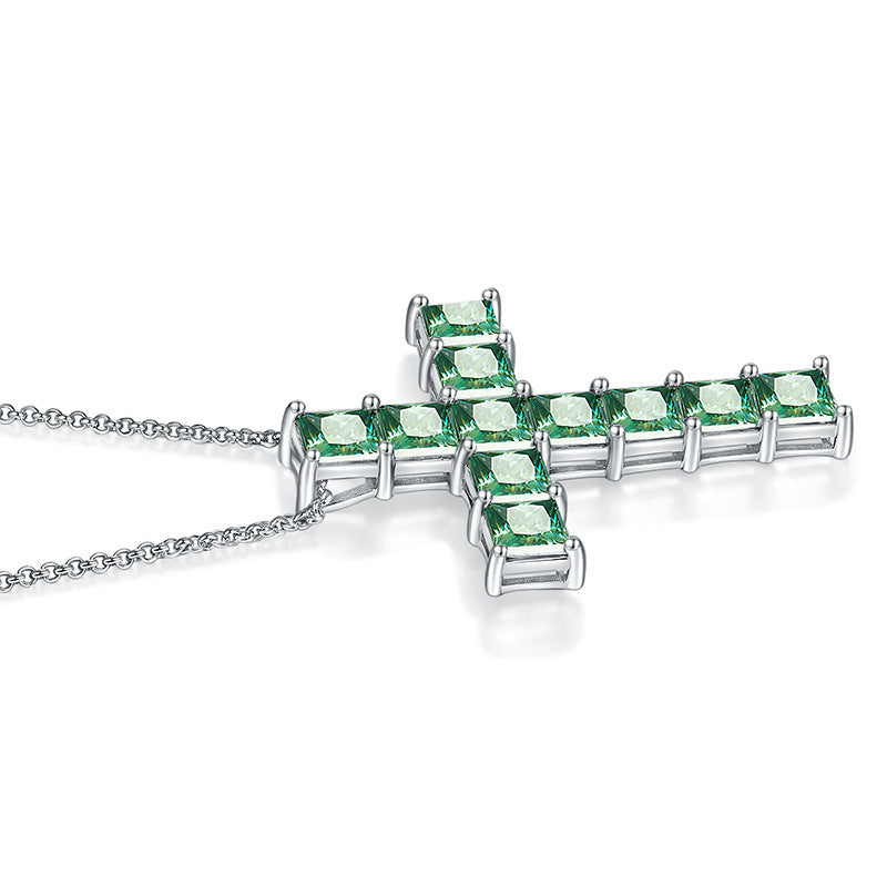 NOXARA — Green Moissanite Cross Necklace in Silver