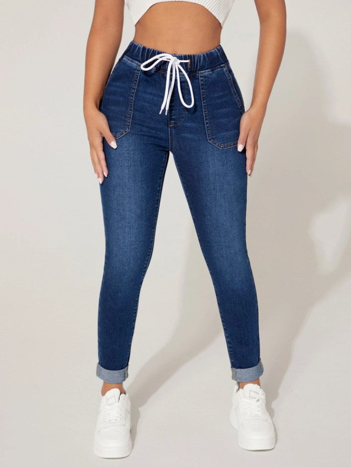 MARON — High-Rise Drawstring Skinny Denim Jeans Pants