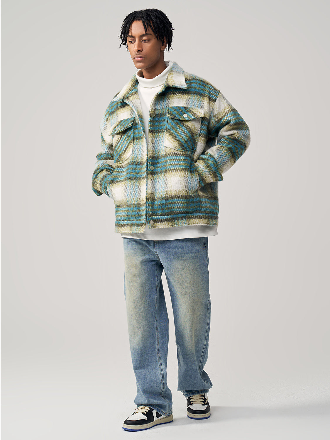 VYRE — Checked Wool Blend Shirt Jacket for Women with Sharp Detail