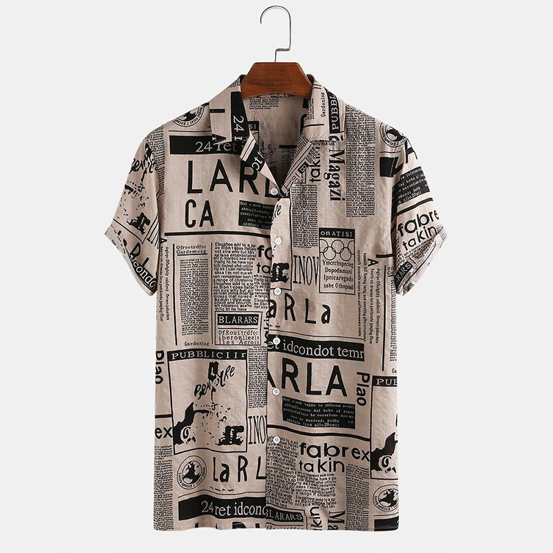 TAVE — Vintage Newspaper Print Short Sleeve Shirt with Sharp Detail