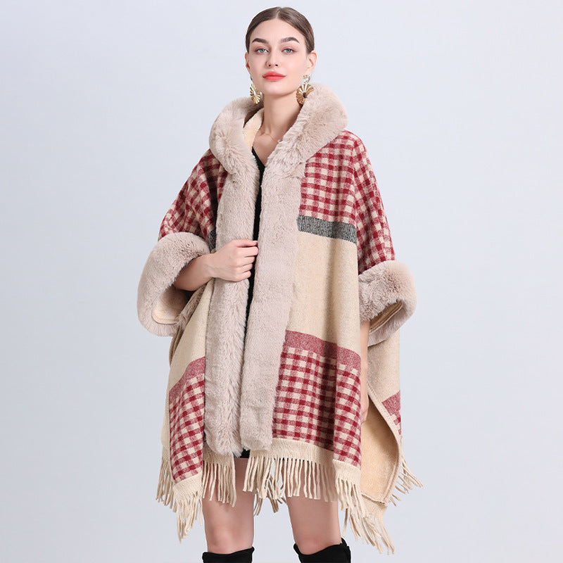 VARON — Plaid Knit Cape Wrap with Faux Fur Collar Detail