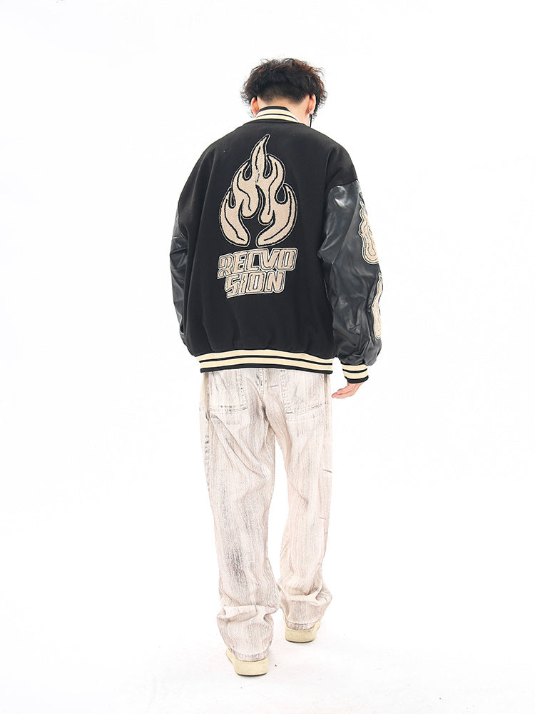 ELELL — Flame Embroidered Varsity Jacket with Contrast