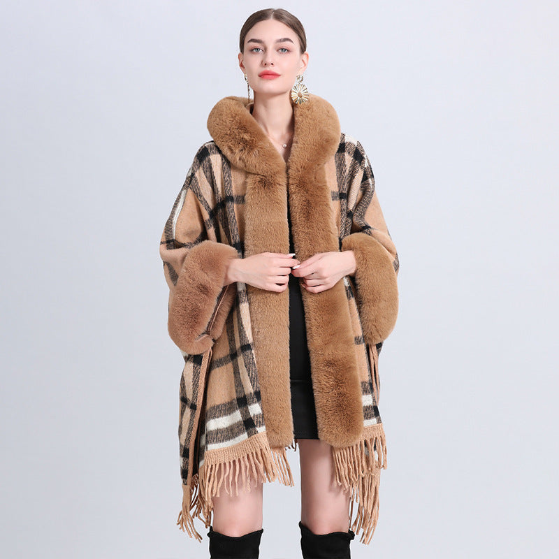 VARON — Plaid Knit Cape Wrap with Faux Fur Collar Detail