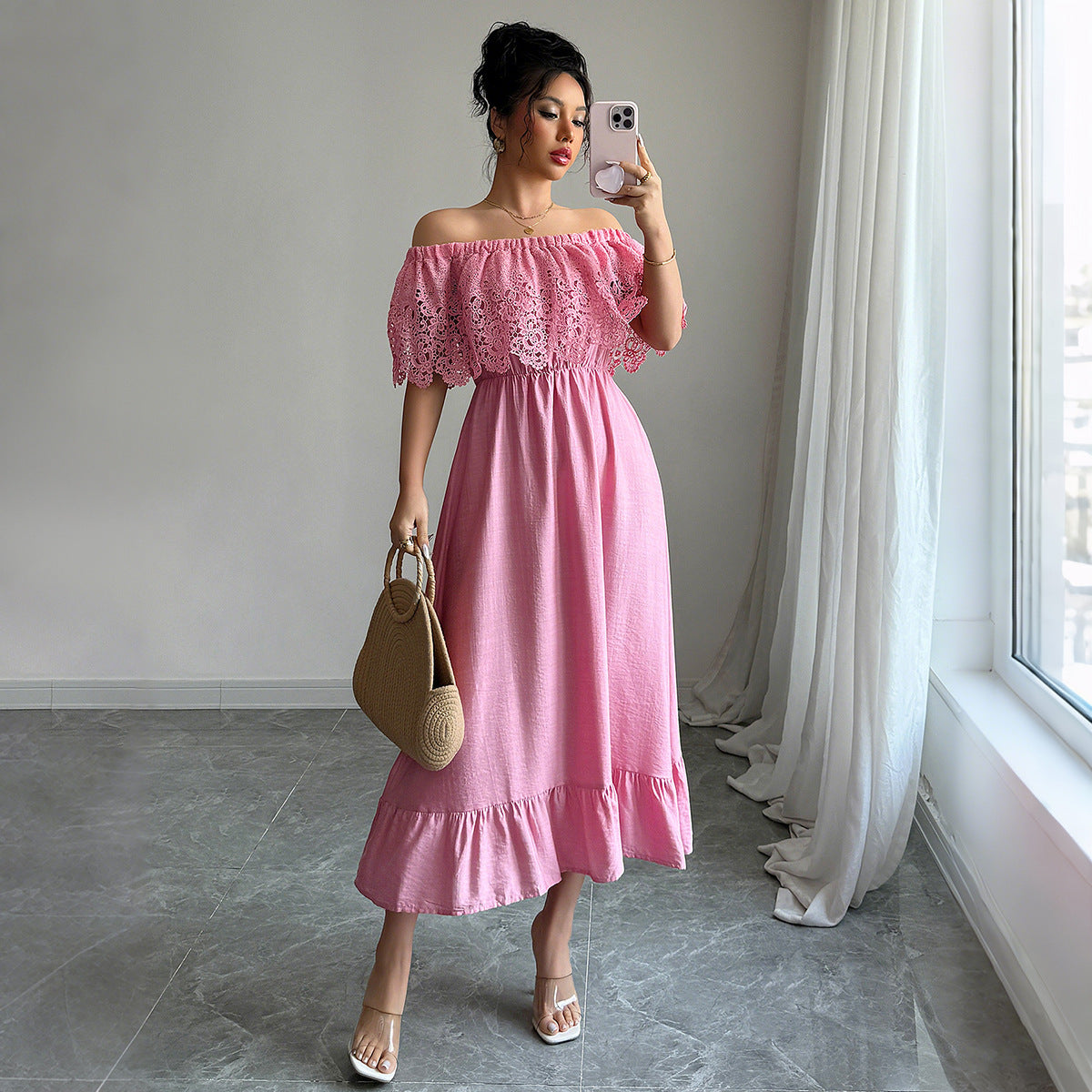 LYRIA — Off-Shoulder Lace Dress with Clean AURA Shape