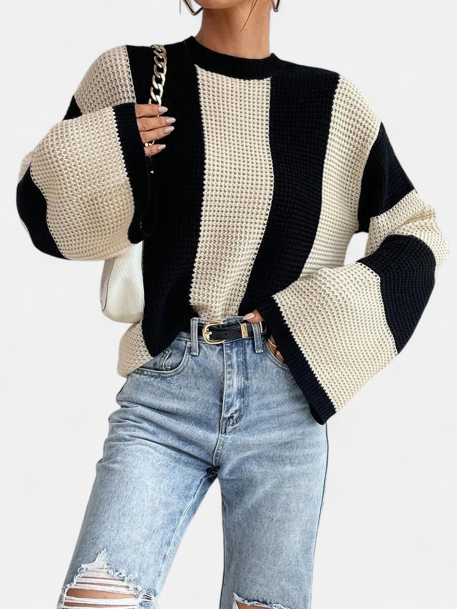 XAVOS — Striped Waffle Knit Bell Sleeve Sweater with Sharp Detail