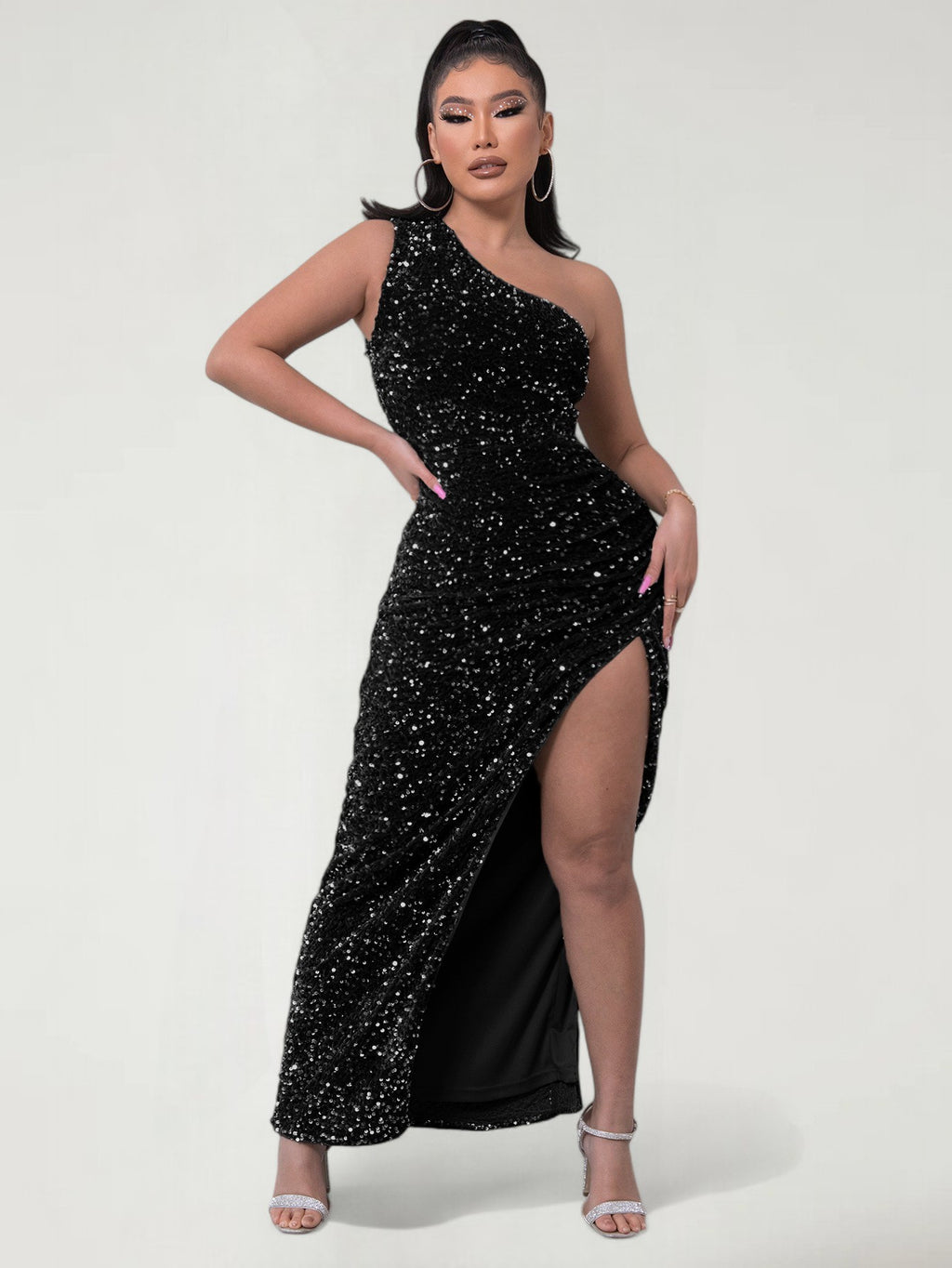 BRIXAEL — One-Shoulder Sequin Evening Gown with High Slit