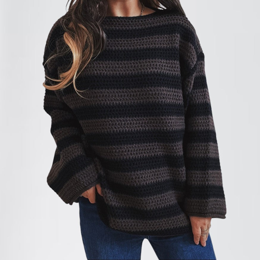 NOVIN — Women's Off-Shoulder Striped Knit Sweater with Sharp Detail