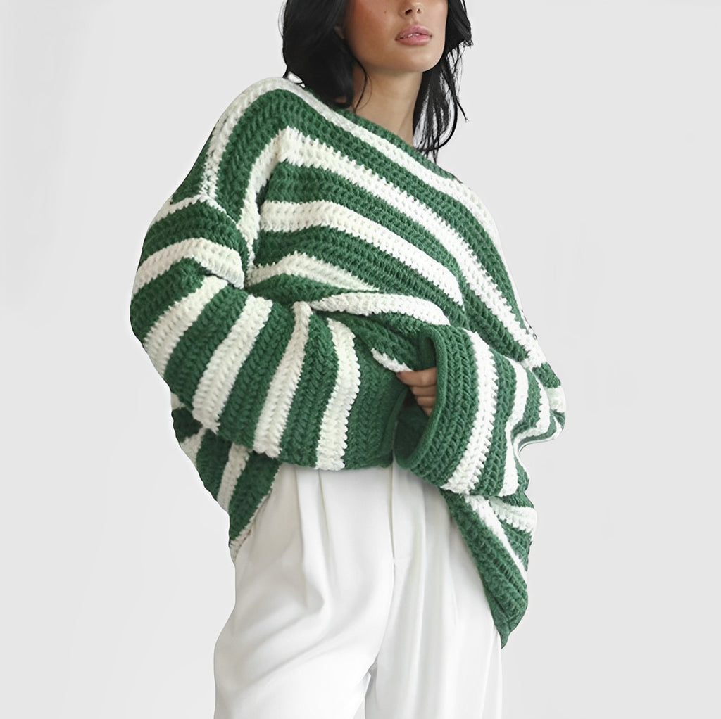 NOVIN — Women's Off-Shoulder Striped Knit Sweater with Sharp Detail