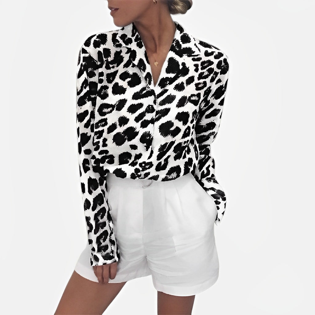 SOLIS — Satin Leopard Print Button-Up Blouse for Women