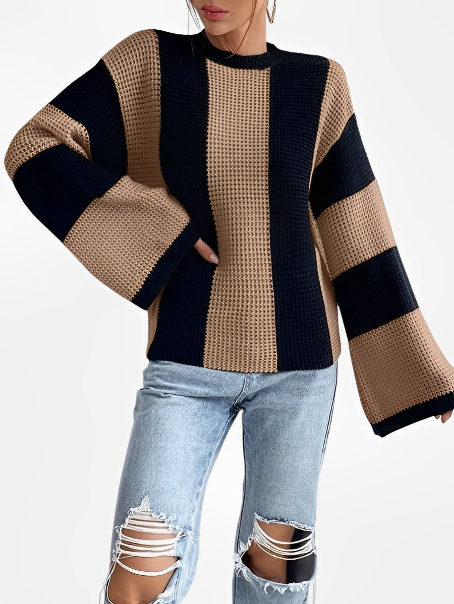 XAVOS — Striped Waffle Knit Bell Sleeve Sweater with Sharp Detail
