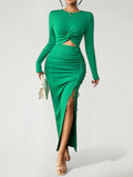 HAVORA — Women's Sculpted Knit Dress Set in Green with Sharp Detail