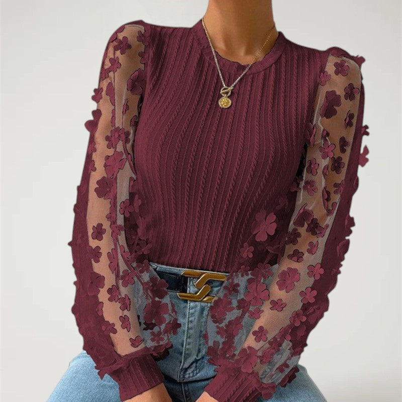 DRAONN — Floral Mesh Sleeve Ribbed Knit Top for Women