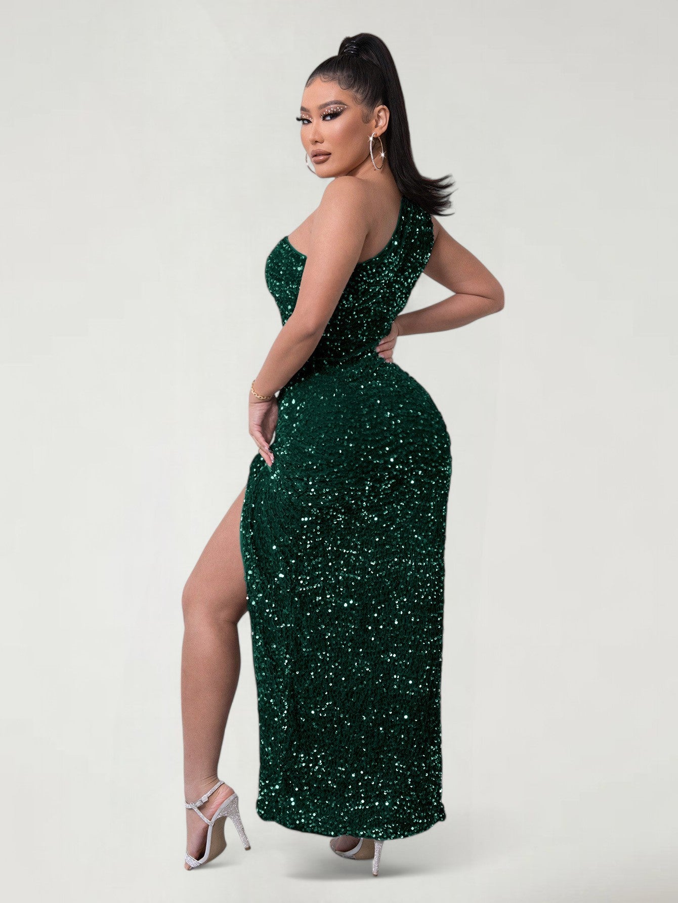 BRIXAEL — One-Shoulder Sequin Evening Gown with High Slit