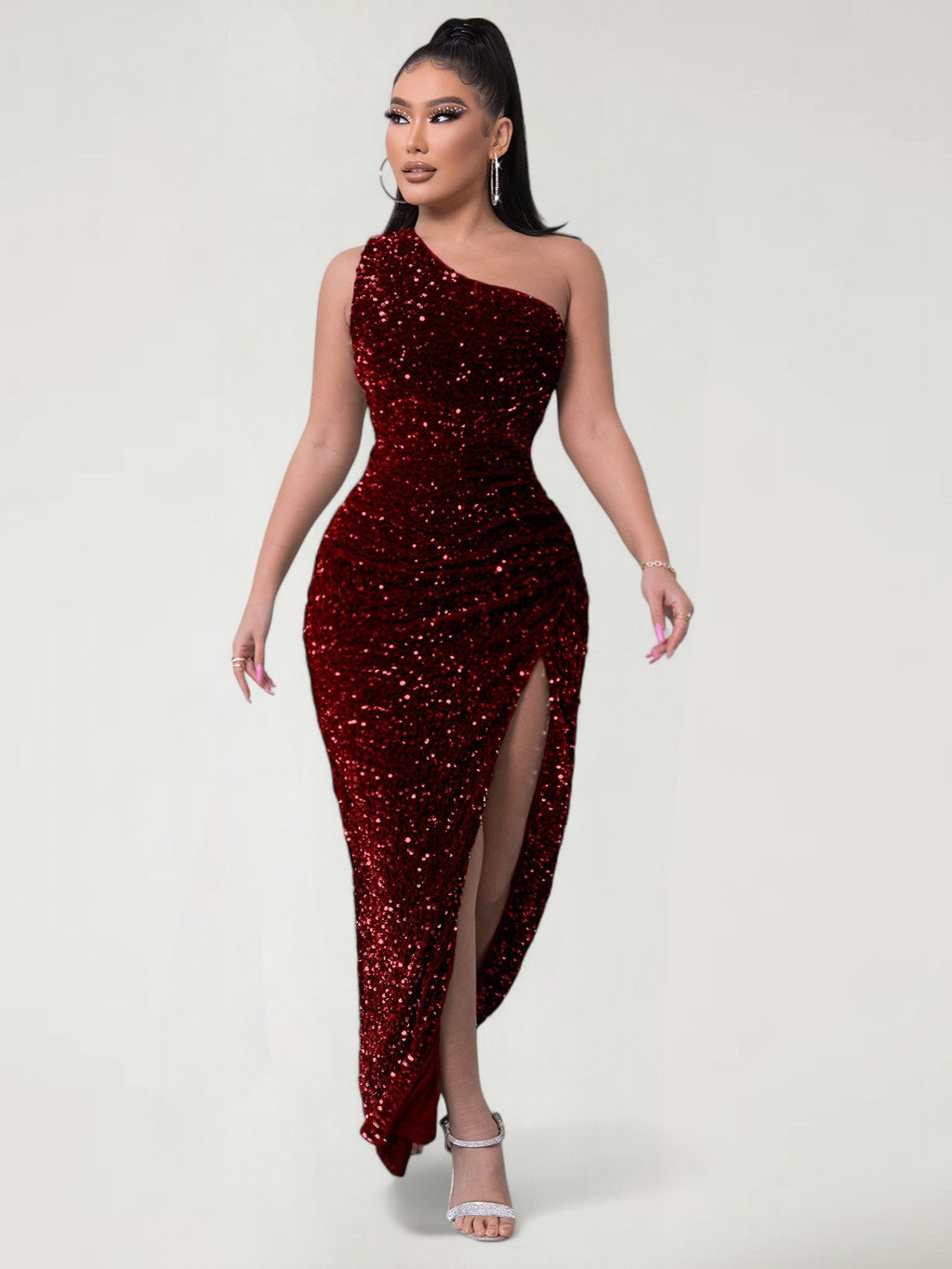 BRIXAEL — One-Shoulder Sequin Evening Gown with High Slit
