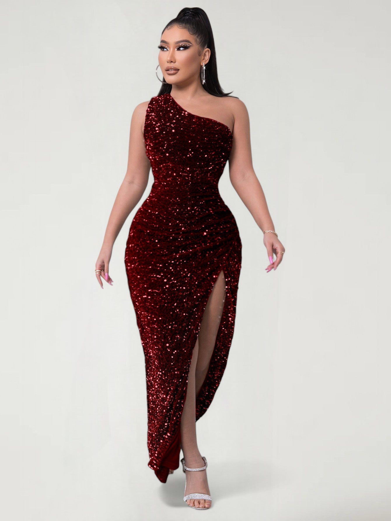 BRIXAEL — One-Shoulder Sequin Evening Gown with High Slit