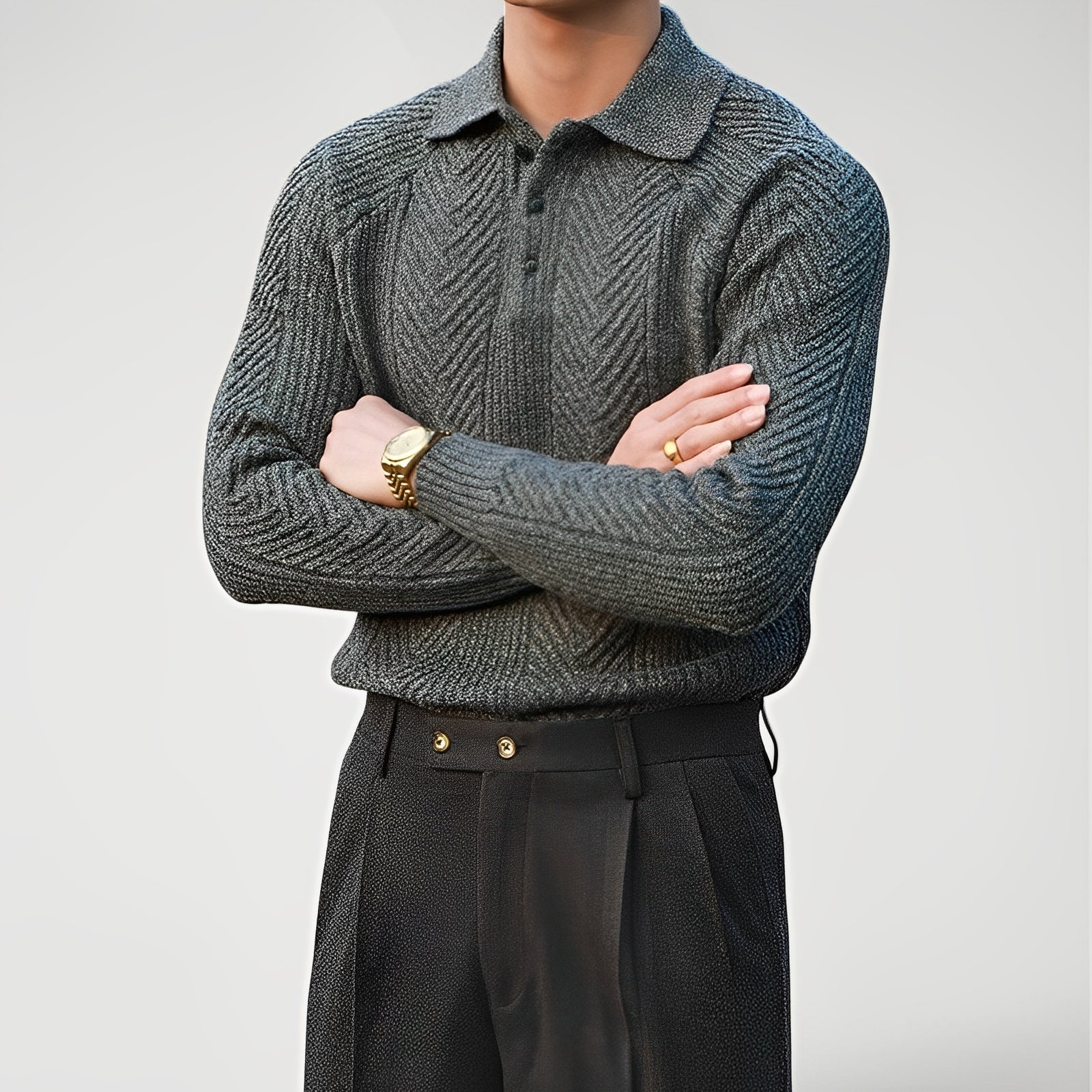 CELORA — Men's Textured Knit Polo Sweater Pullover