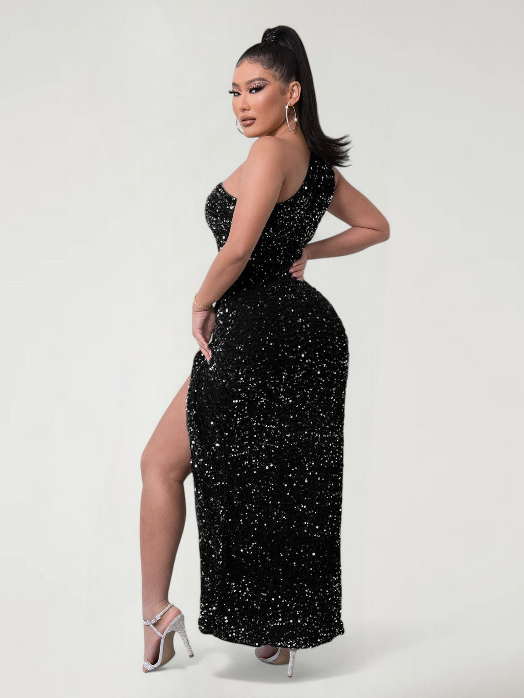 BRIXAEL — One-Shoulder Sequin Evening Gown with High Slit