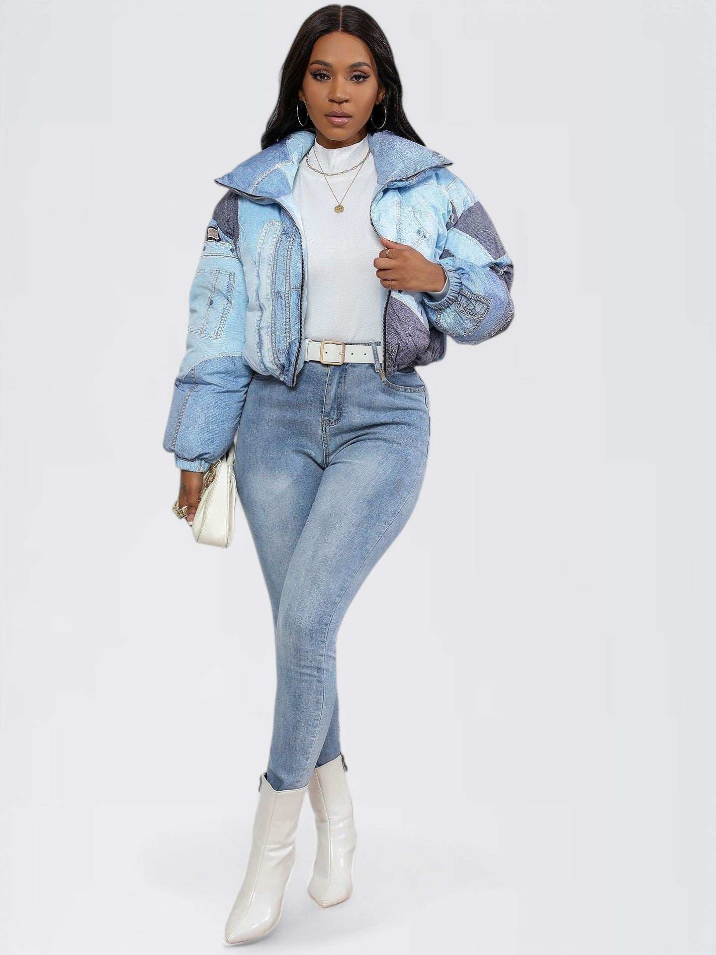 CELEL — Cropped Patchwork Denim Puffer Jacket for Women