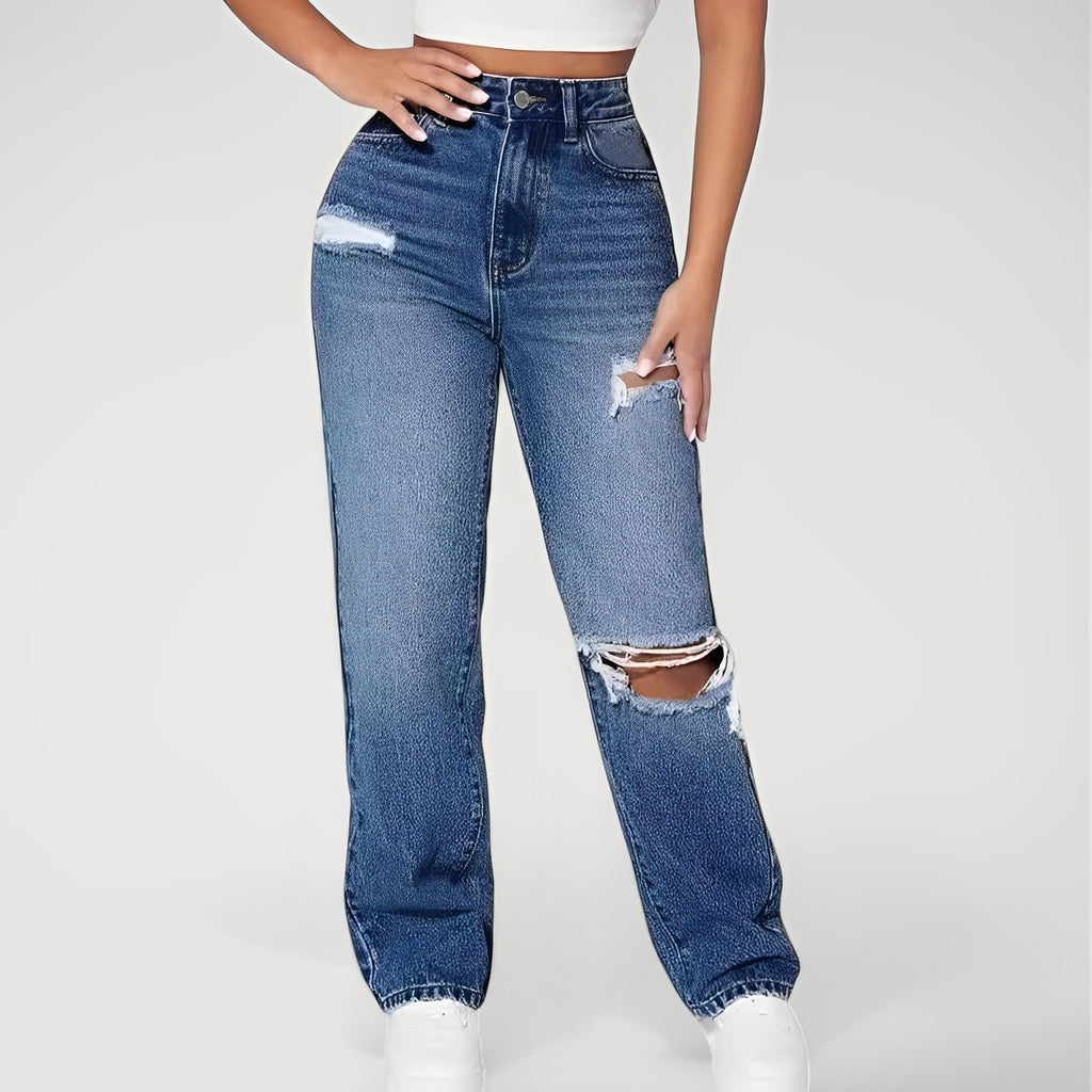 EVDEN — Women's High-Rise Distressed Straight-Leg Jeans