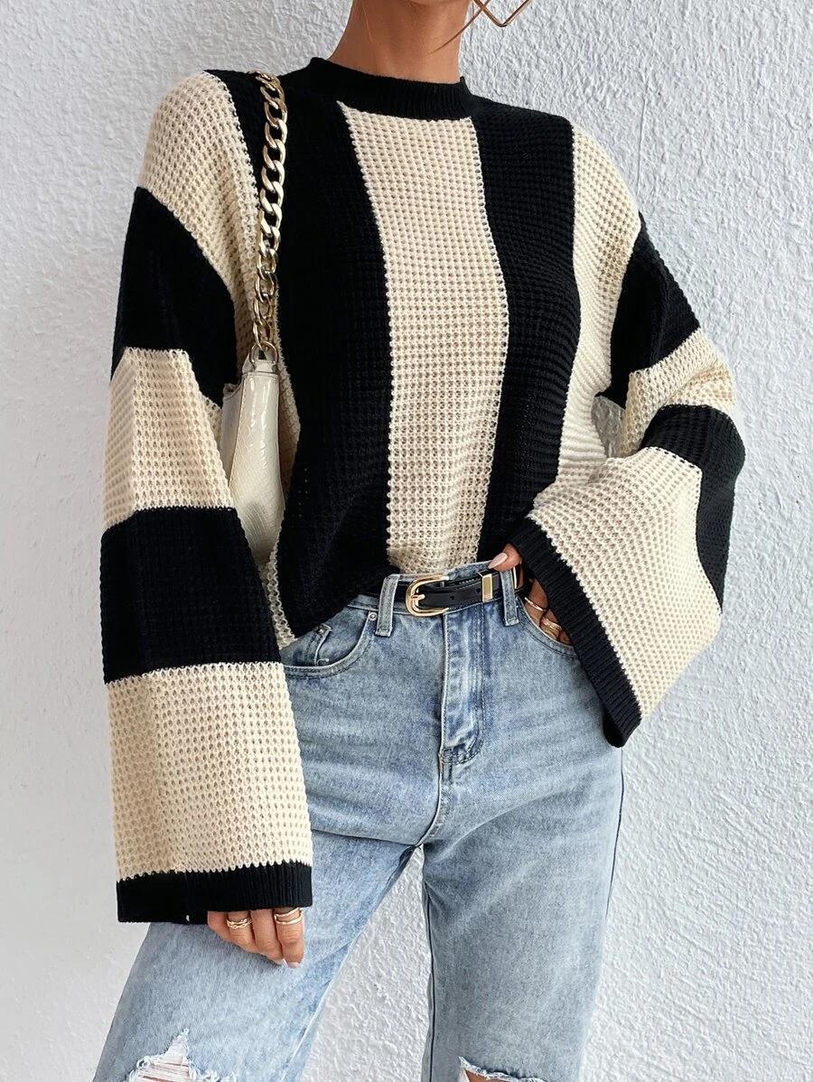 XAVOS — Striped Waffle Knit Bell Sleeve Sweater with Sharp Detail