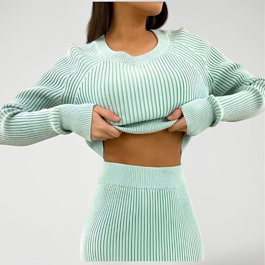 CELON — Women's Ribbed Knit Top and Midi Skirt Set