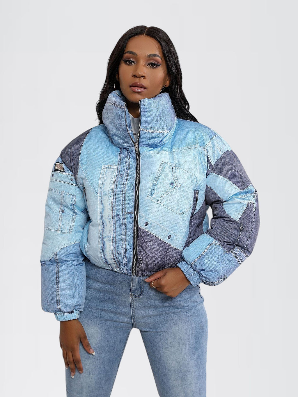 CELEL — Cropped Patchwork Denim Puffer Jacket for Women