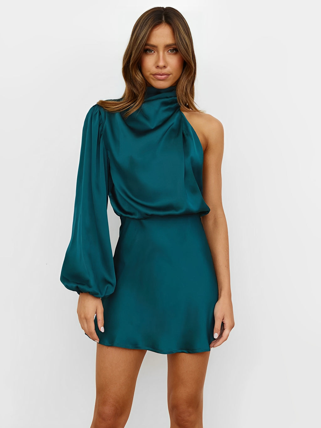 AEREN — One-Shoulder Satin Mini Dress with Sleeves