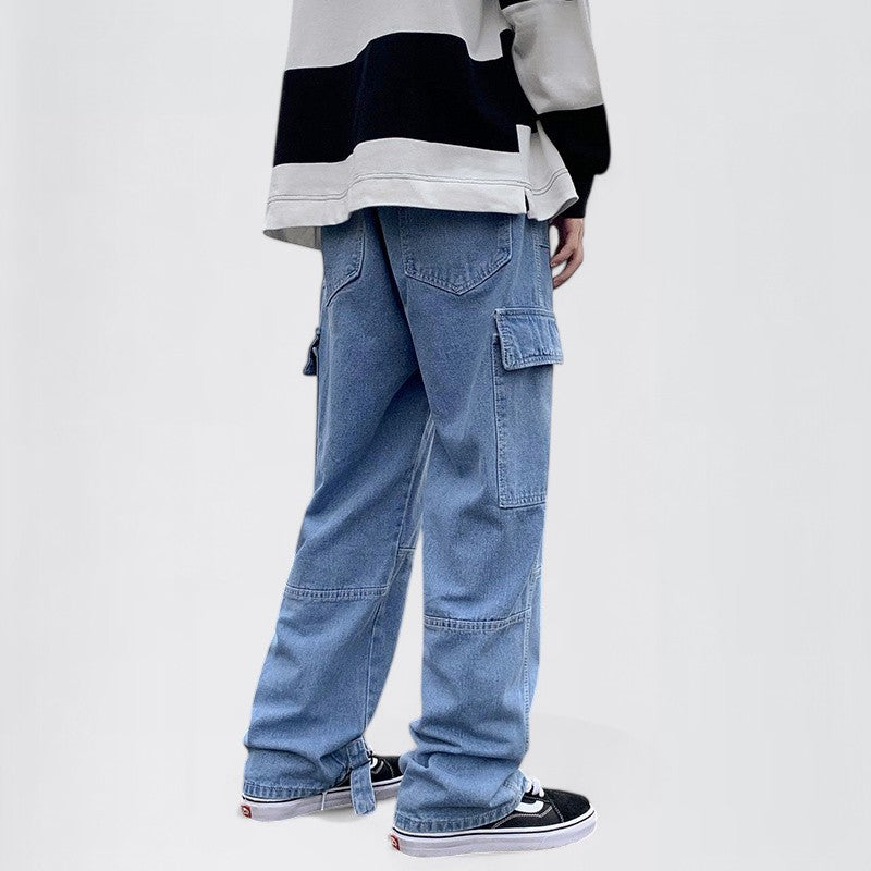 ELEL — Men's Wide-Leg Cargo Jeans for Streetwear with Sharp Detail