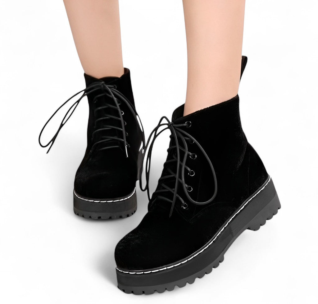 NOVEN — Women's Velvet Platform Lace-Up Ankle Boots