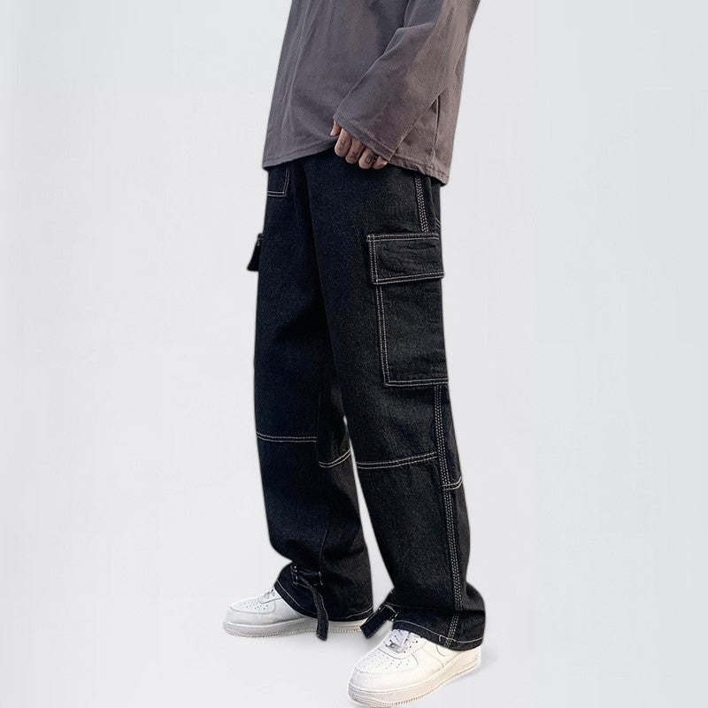 ELEL — Men's Wide-Leg Cargo Jeans for Streetwear with Sharp Detail