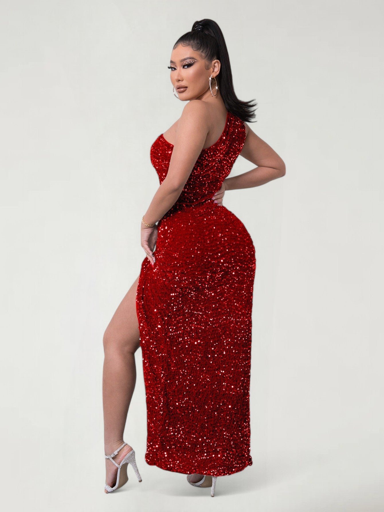 BRIXAEL — One-Shoulder Sequin Evening Gown with High Slit