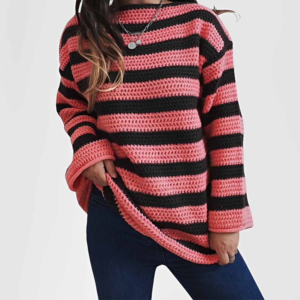 NOVIN — Women's Off-Shoulder Striped Knit Sweater with Sharp Detail