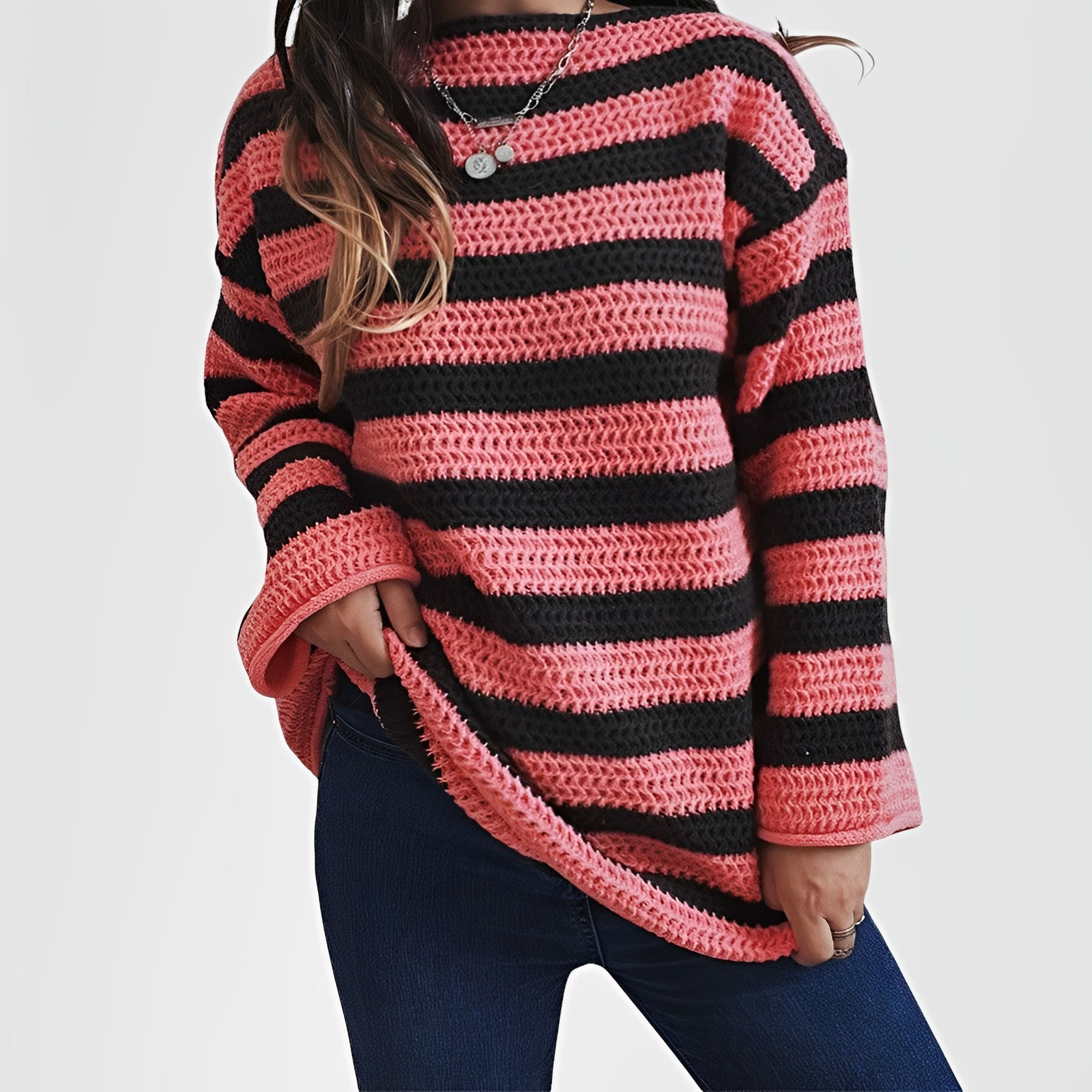 NOVIN — Women's Off-Shoulder Striped Knit Sweater with Sharp Detail