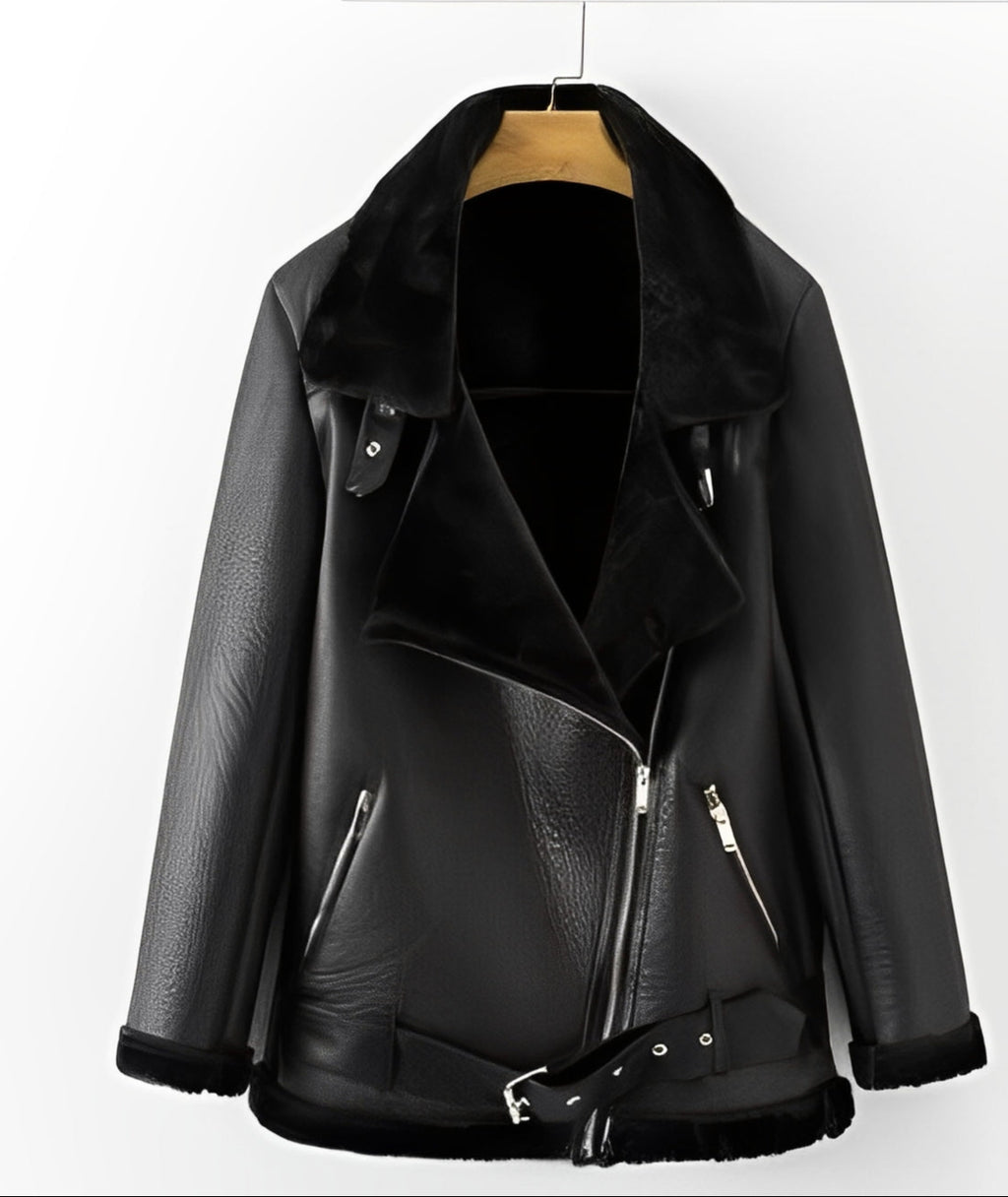 FENON — Faux Shearling Aviator Jacket with Belt Detail