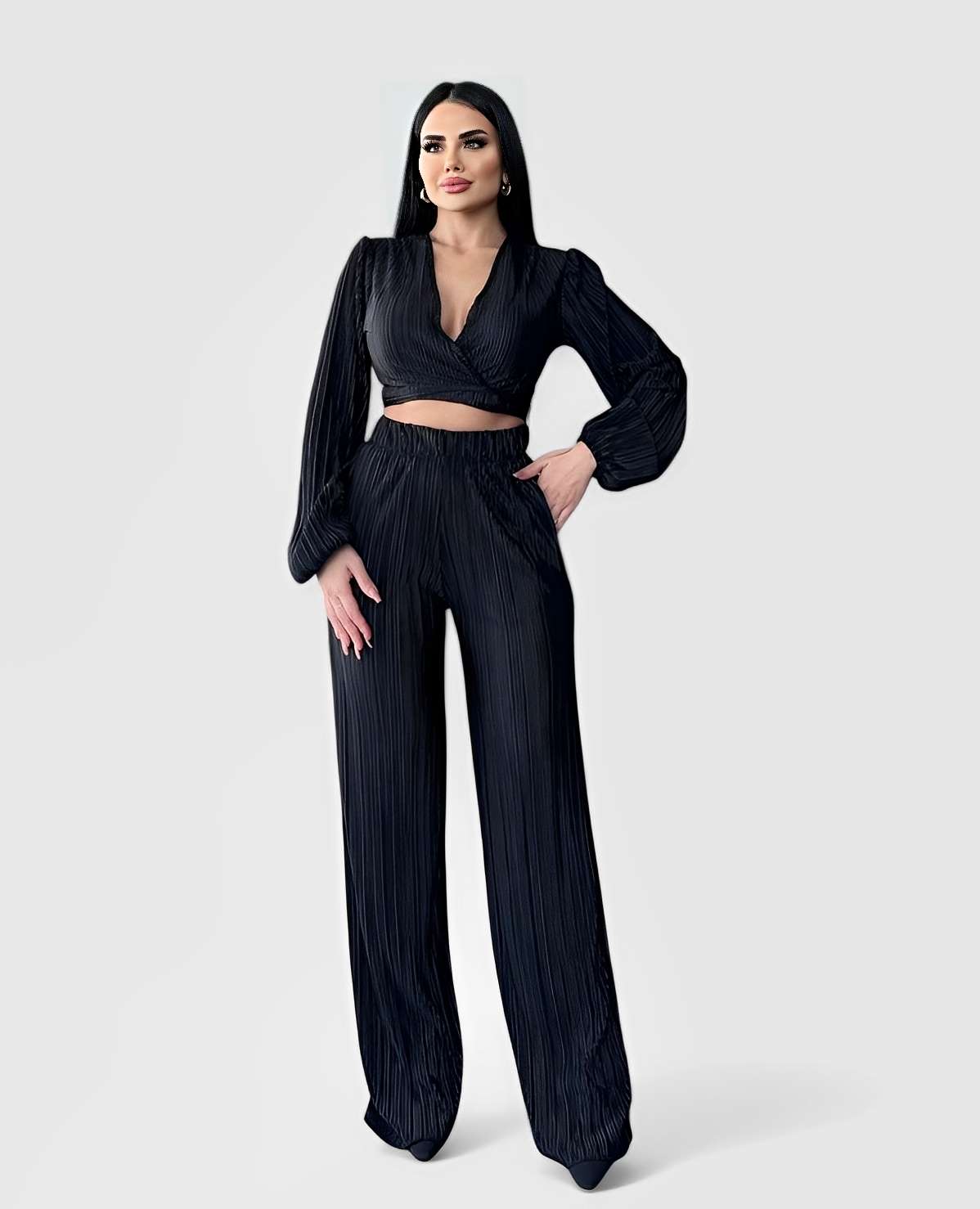 OREON — Women's Pleated Crop Top and Wide-Leg Pant Set