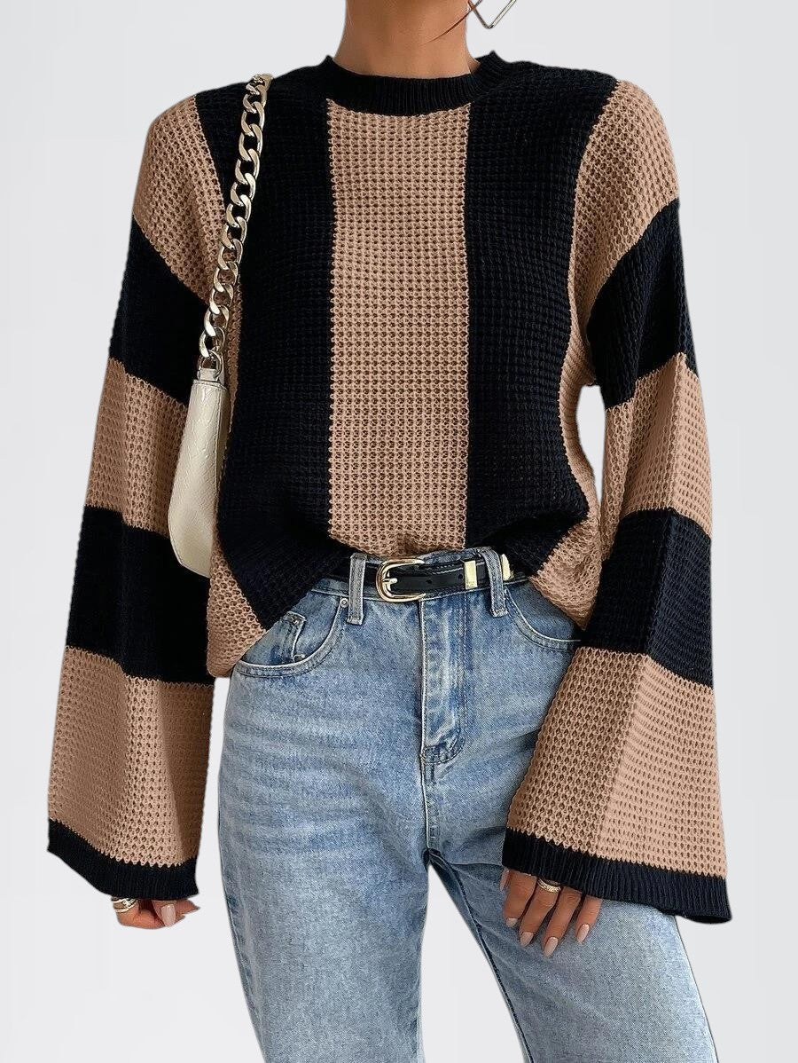 XAVOS — Striped Waffle Knit Bell Sleeve Sweater with Sharp Detail