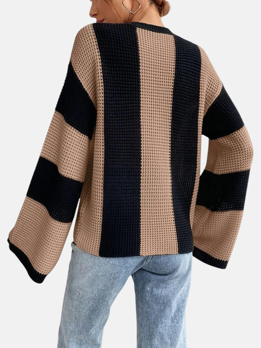 XAVOS — Striped Waffle Knit Bell Sleeve Sweater with Sharp Detail