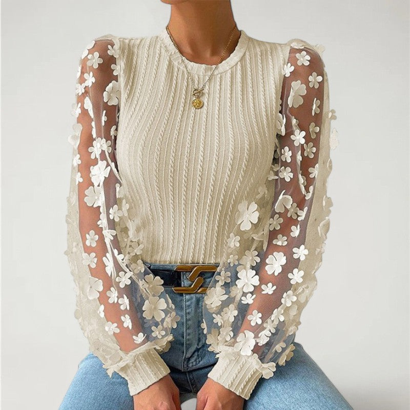DRAONN — Floral Mesh Sleeve Ribbed Knit Top for Women
