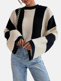 XAVOS — Striped Waffle Knit Bell Sleeve Sweater with Sharp Detail