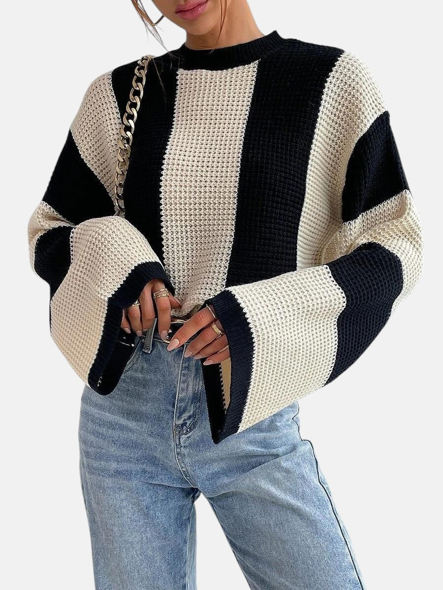 XAVOS — Striped Waffle Knit Bell Sleeve Sweater with Sharp Detail
