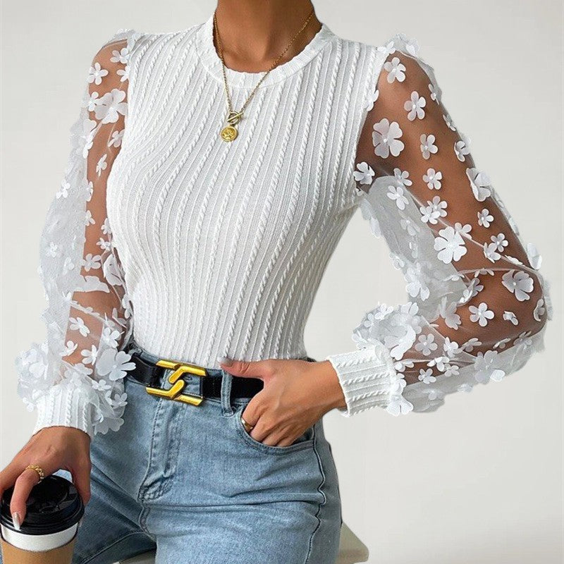DRAONN — Floral Mesh Sleeve Ribbed Knit Top for Women