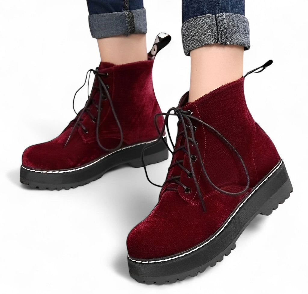 NOVEN — Women's Velvet Platform Lace-Up Ankle Boots