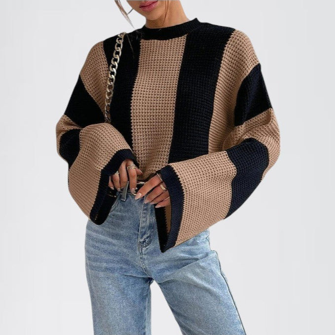 XAVOS — Striped Waffle Knit Bell Sleeve Sweater with Sharp Detail