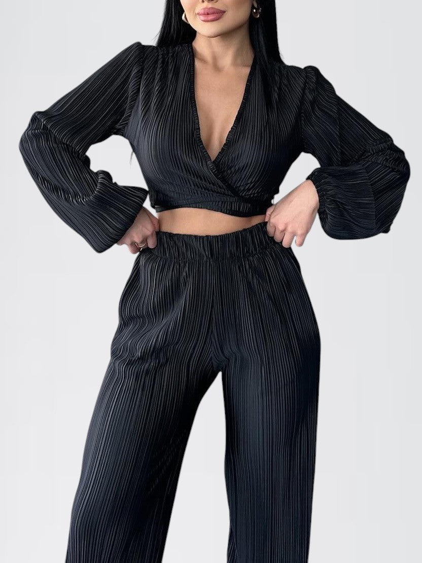 OREON — Women's Pleated Crop Top and Wide-Leg Pant Set