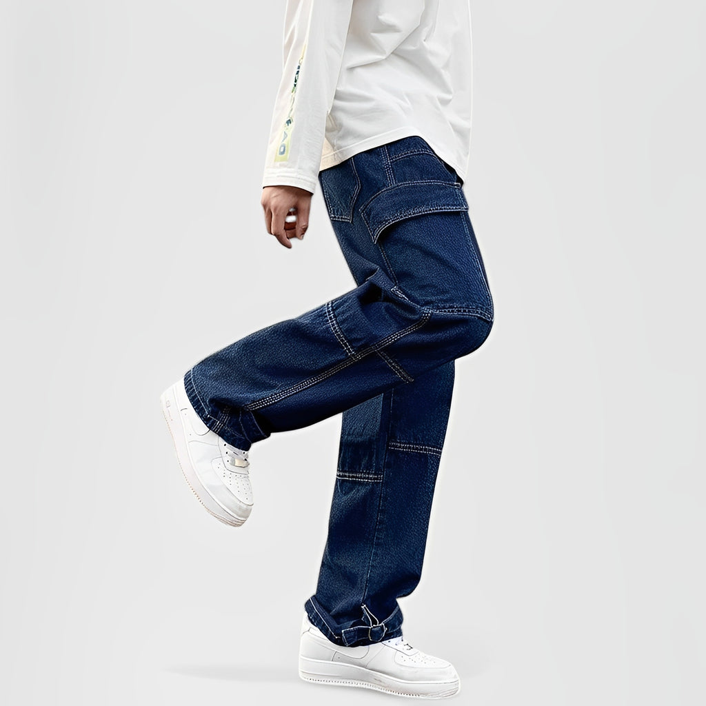 ELEL — Men's Wide-Leg Cargo Jeans for Streetwear with Sharp Detail