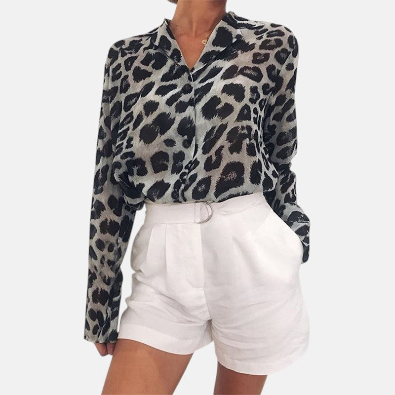 SOLIS — Satin Leopard Print Button-Up Blouse for Women