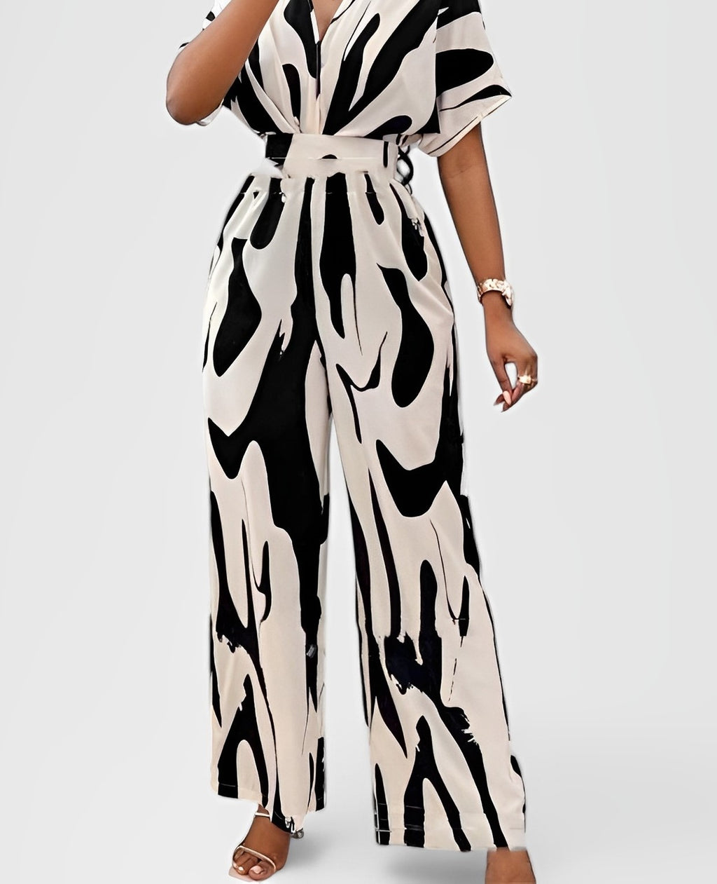 NOXA — Printed Belted Wide-Leg Jumpsuit for Women with Sharp Detail
