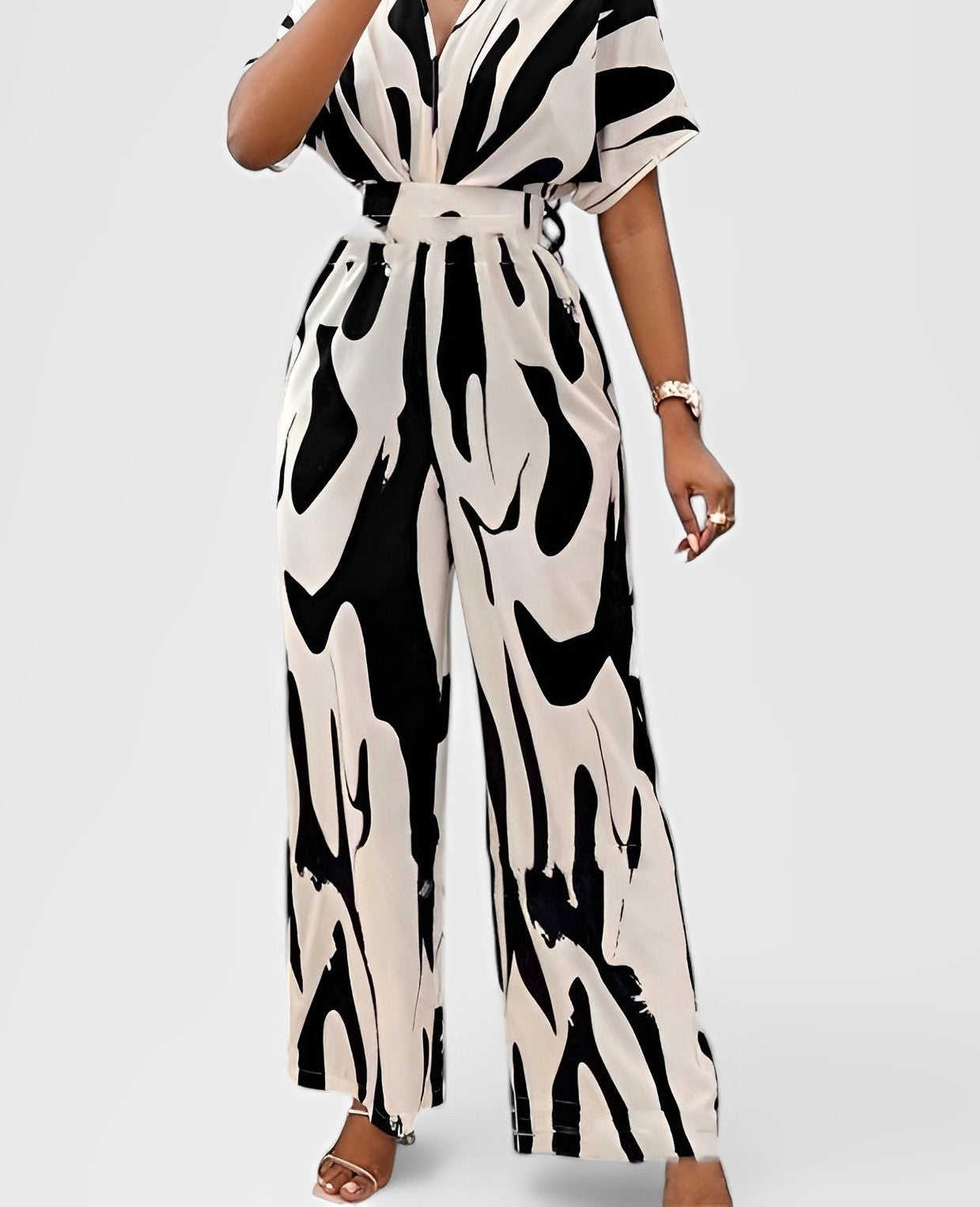 NOXA — Printed Belted Wide-Leg Jumpsuit for Women with Sharp Detail
