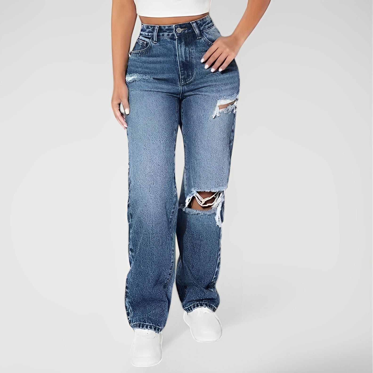 EVDEN — Women's High-Rise Distressed Straight-Leg Jeans